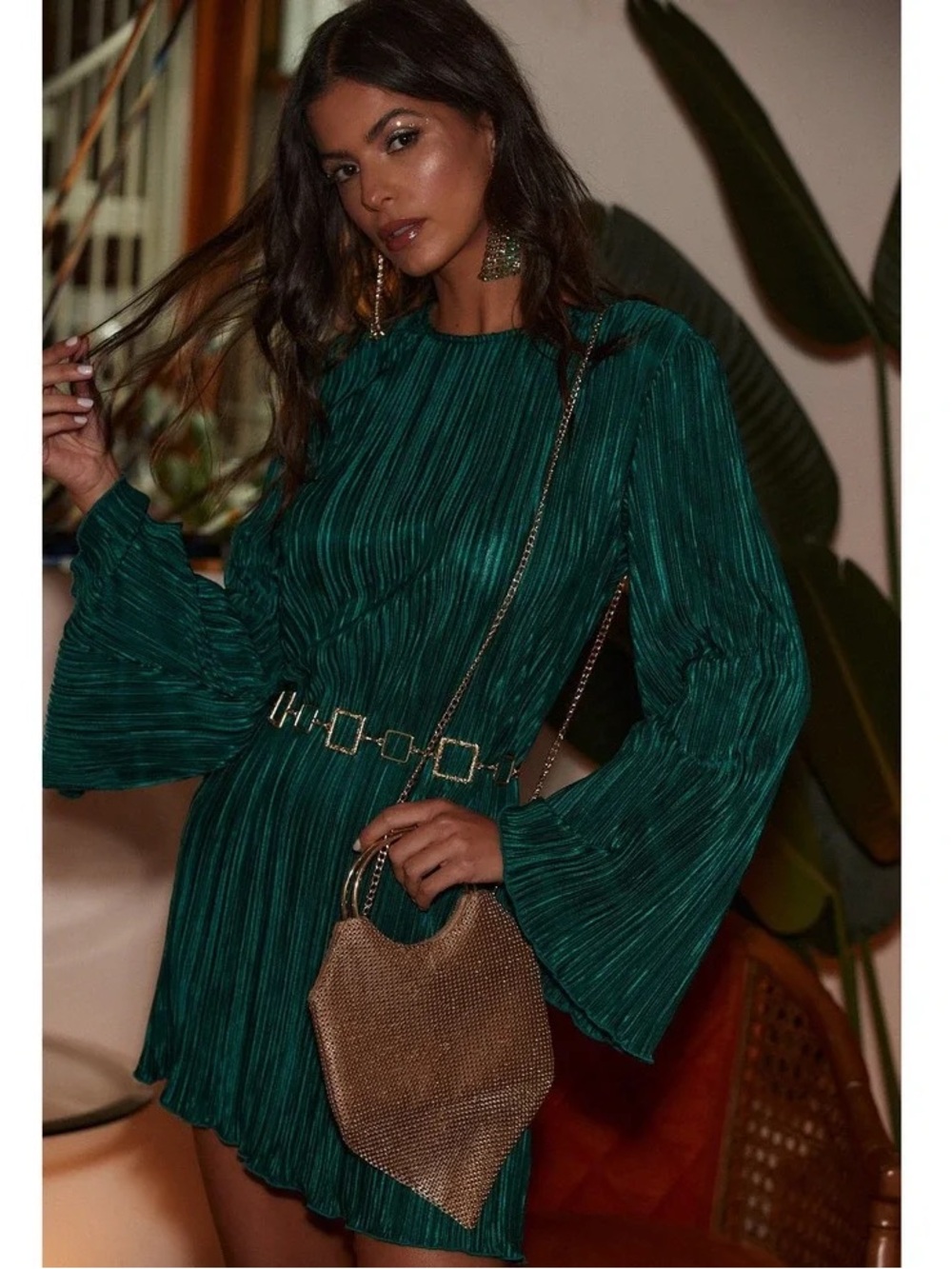 12th Tribe Tate Emerald Plisse Mini Dress Small